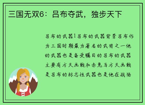 三国无双6：吕布夺武，独步天下